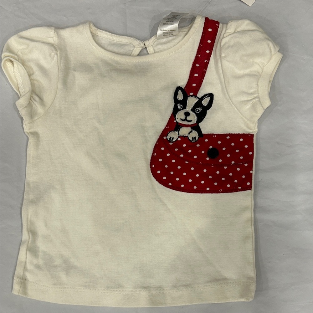 Gymboree Cream Tee with Red Polka Dot Pocket and Dog Design